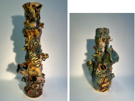 two colorful ceramic sculptures