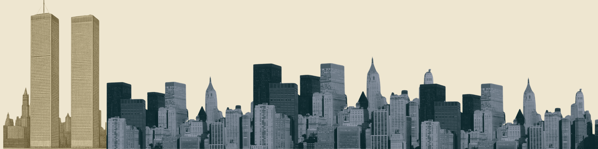 drawn image of World Trade Center Twin Towers with darkened New York city skyline