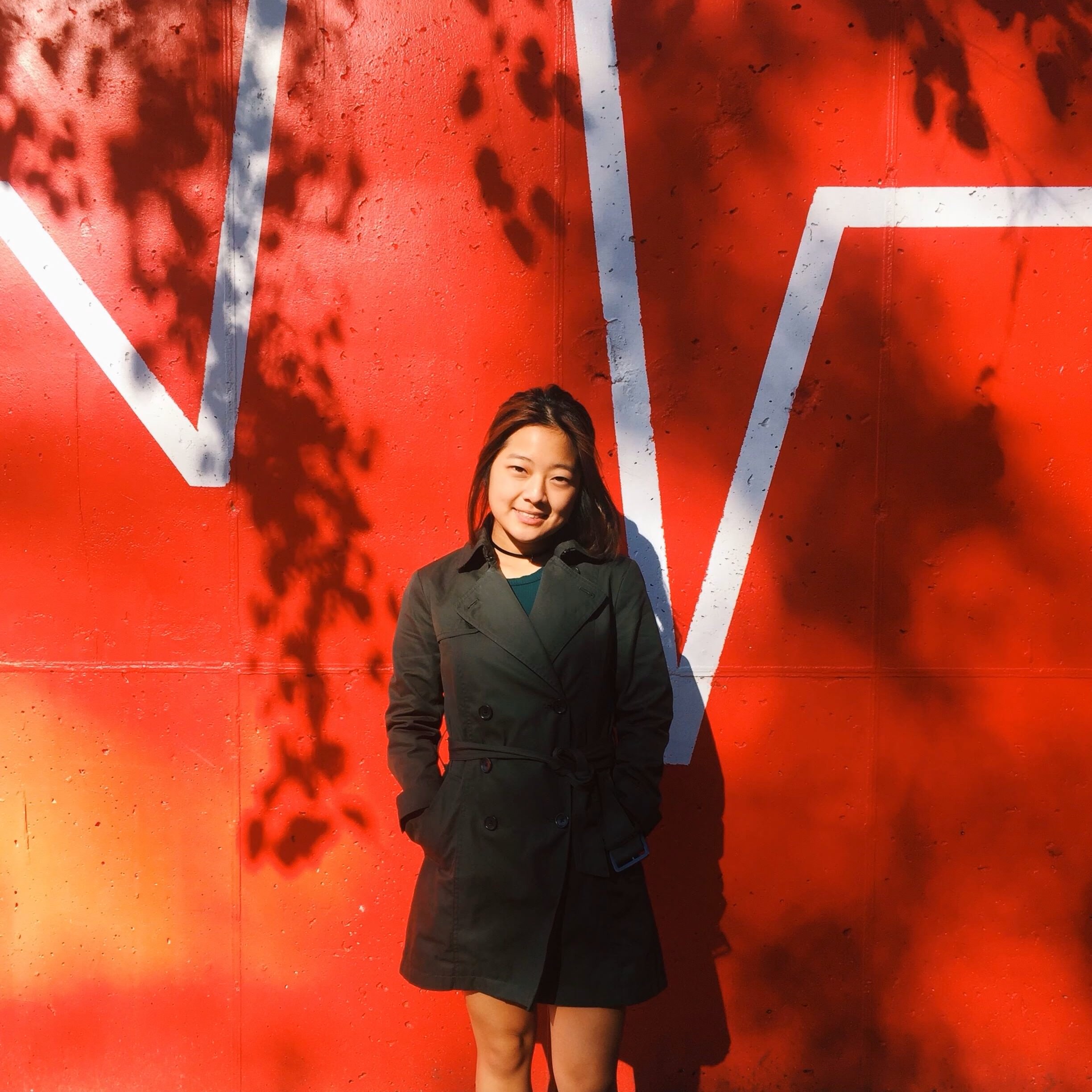 A young woman with dark hair stands outdoors in front of a bright red wall with white, zigzagging lines. She is wearing a dark grey, double-breasted trench coat belted at the waist. The scene is partially shaded by leafy branches, casting intricate shadows across her and the wall.