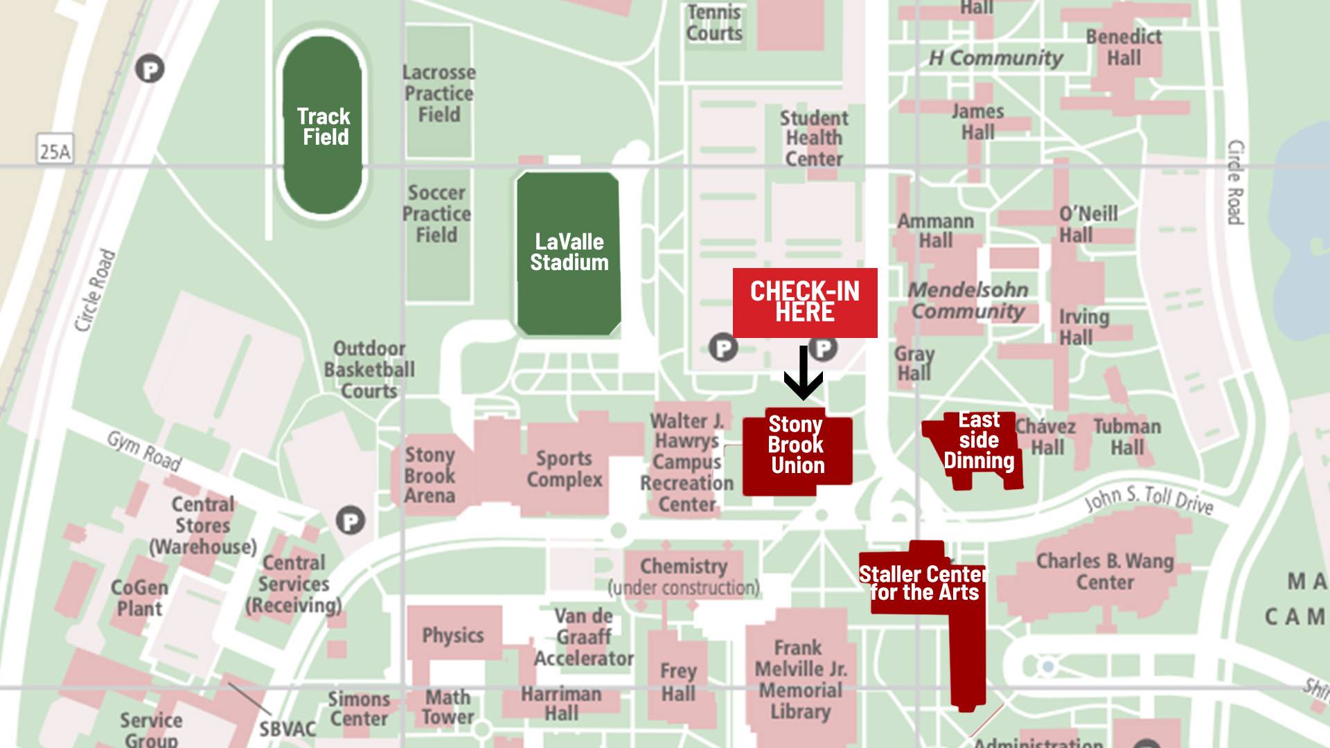 Map of important locations to know for Band Camp, including the track field, Lavalle Stadium, Stony Brook Union, East Side Dining, and Staller Center for the Arts